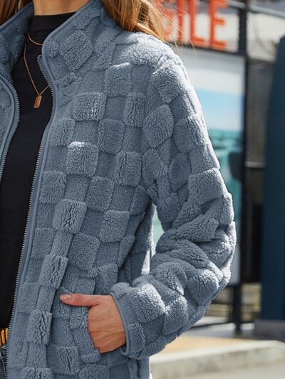 Fuzzy Checkered Zip Up Jacket - Flyclothing LLC