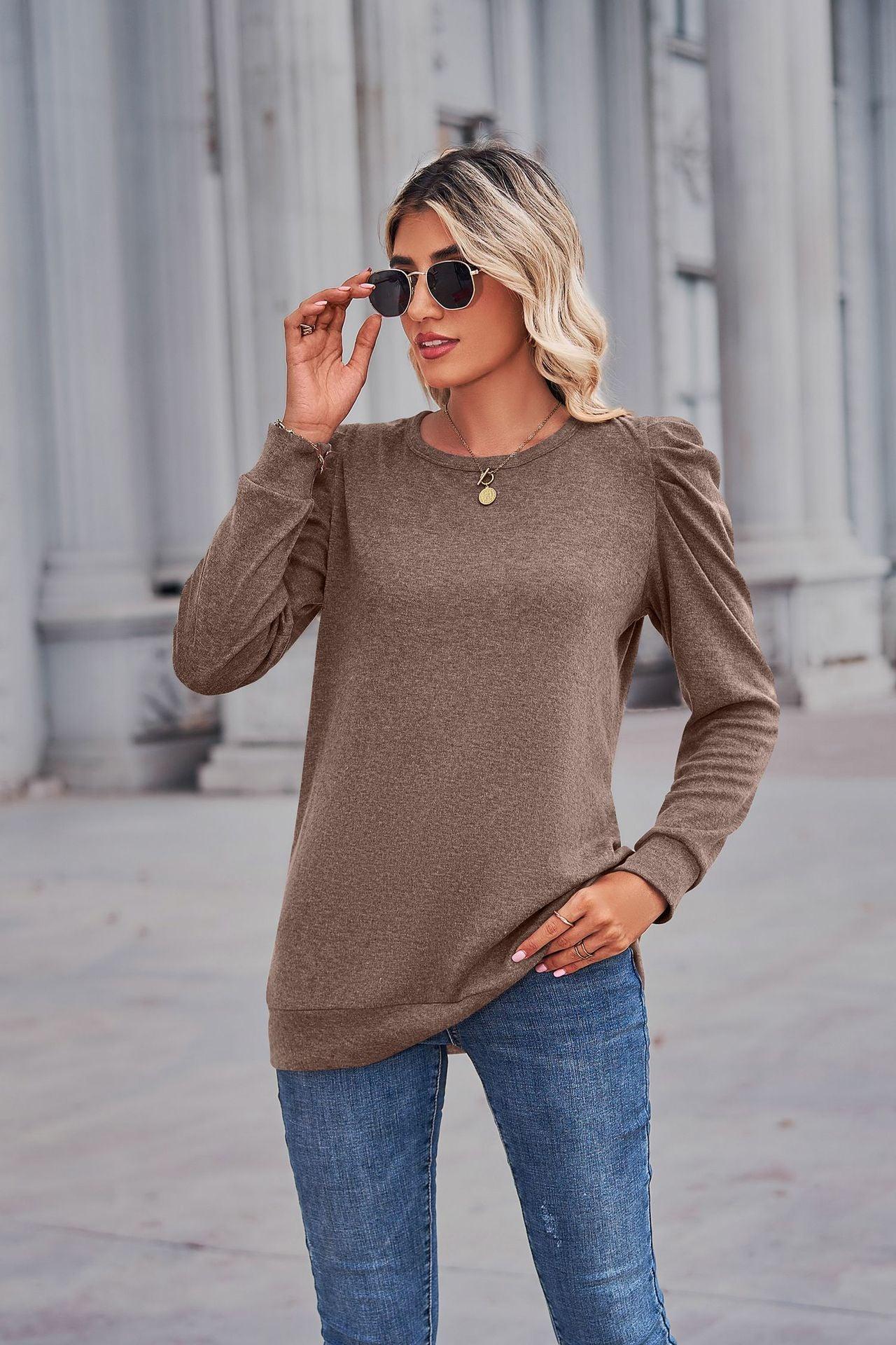 Heathered Puff Sleeve Round Neck Tunic Top - Trendsi