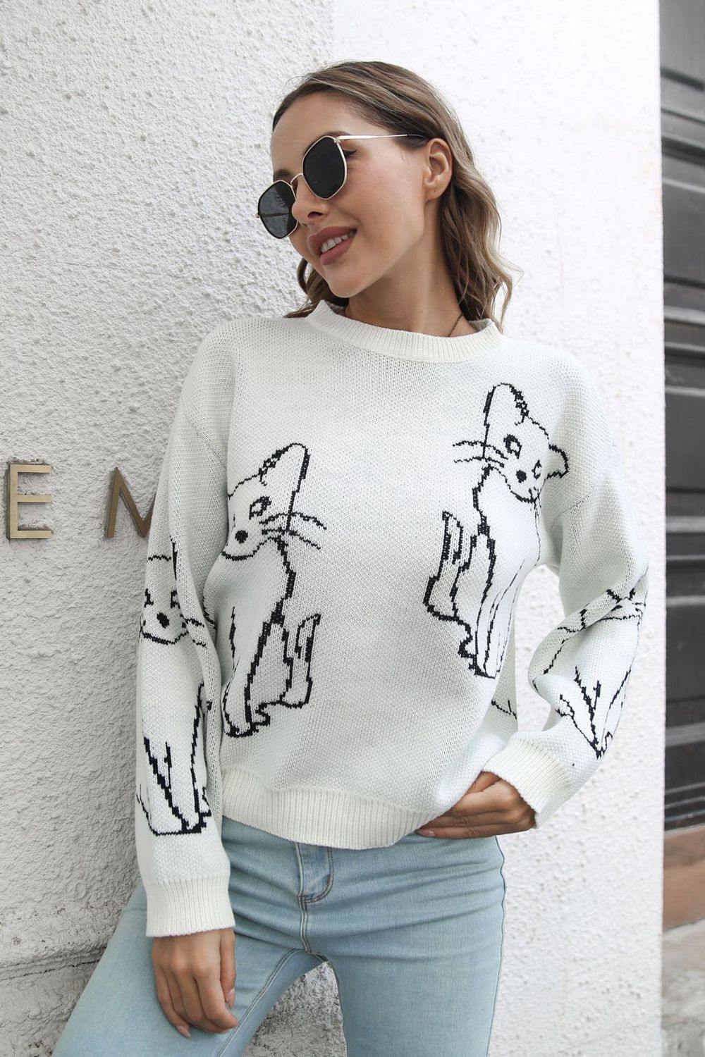 Cat Pattern Round Neck Long Sleeve Pullover Sweater - Flyclothing LLC