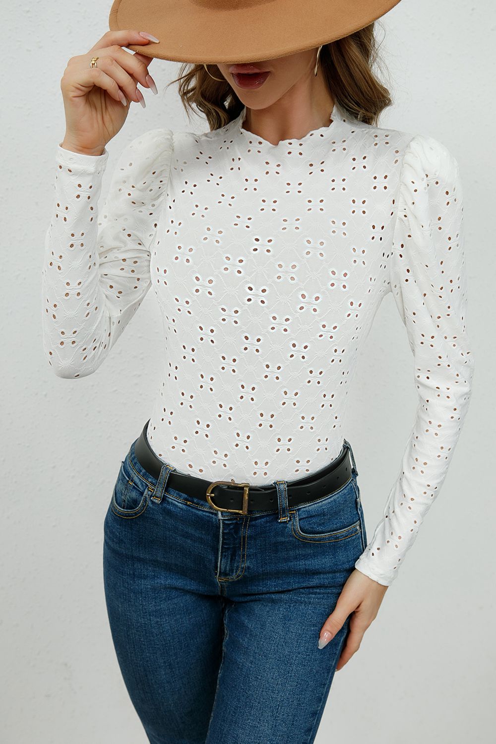 Round Neck Eyelet Long Sleeve Blouse - Flyclothing LLC