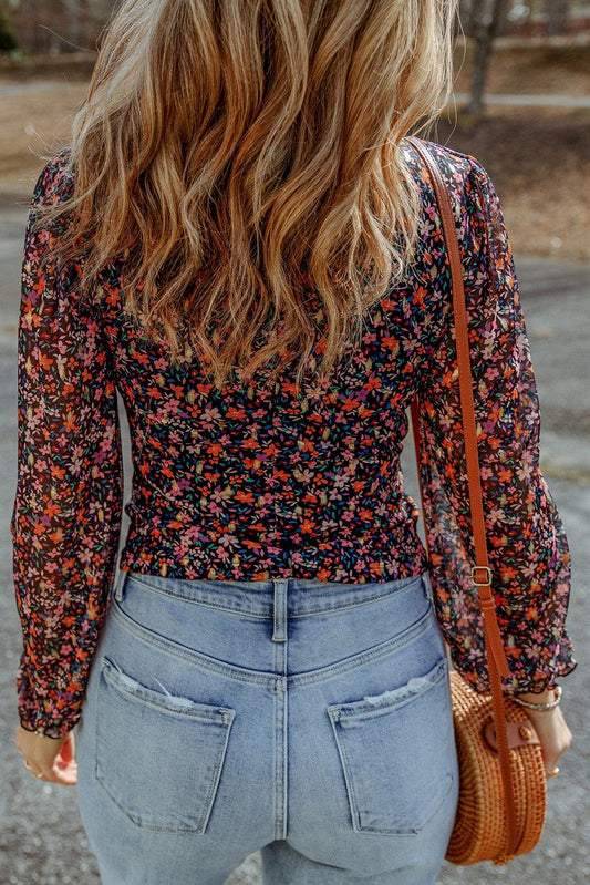 Floral Long Flounce Sleeve Blouse - Flyclothing LLC