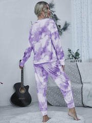 Tie-dye Round Neck Top and Drawstring Pants Lounge Set - Flyclothing LLC