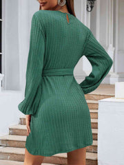 Round Neck Tie Front Long Sleeve Dress - Flyclothing LLC