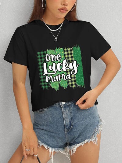 ONE LUCKY MAMA Round Neck T-Shirt - Trendsi