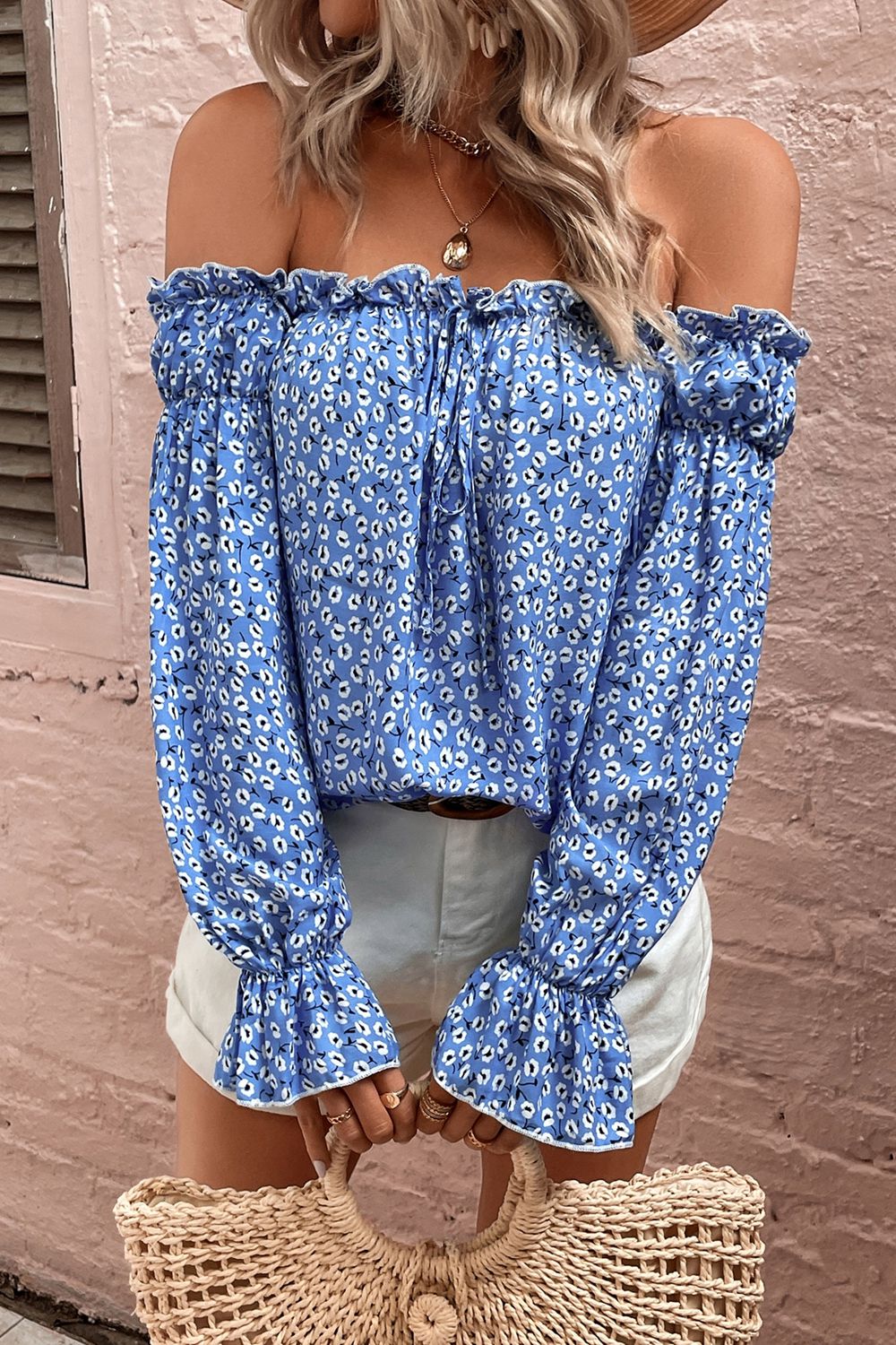 Off Shoulder Printed Frill Trim Blouse - Flyclothing LLC