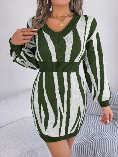 Animal Print V-Neck Long Sleeve Sweater Dress - Flyclothing LLC