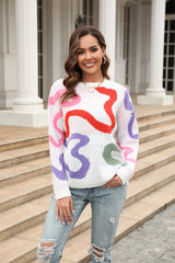 Printed Round Neck Dropped Shoulder Pullover Sweater - Flyclothing LLC