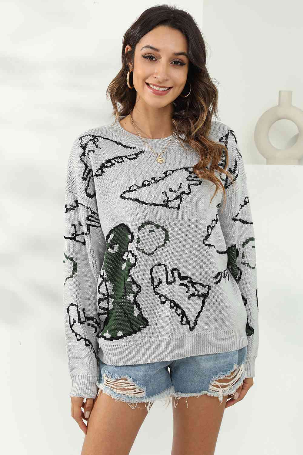 Dinosaur Print Pullover Sweater - Flyclothing LLC