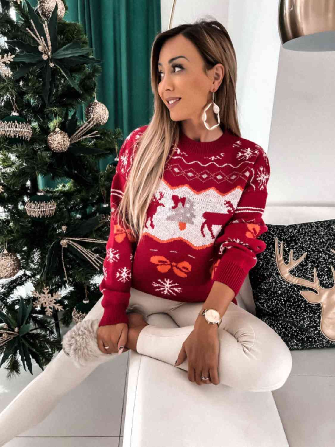 Reindeer Round Neck Sweater - Flyclothing LLC