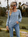 Round Neck Button-Down Long Sleeve Tee - Trendsi