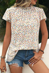 Ditsy Floral Mock Neck Short Sleeve T-Shirt - Flyclothing LLC