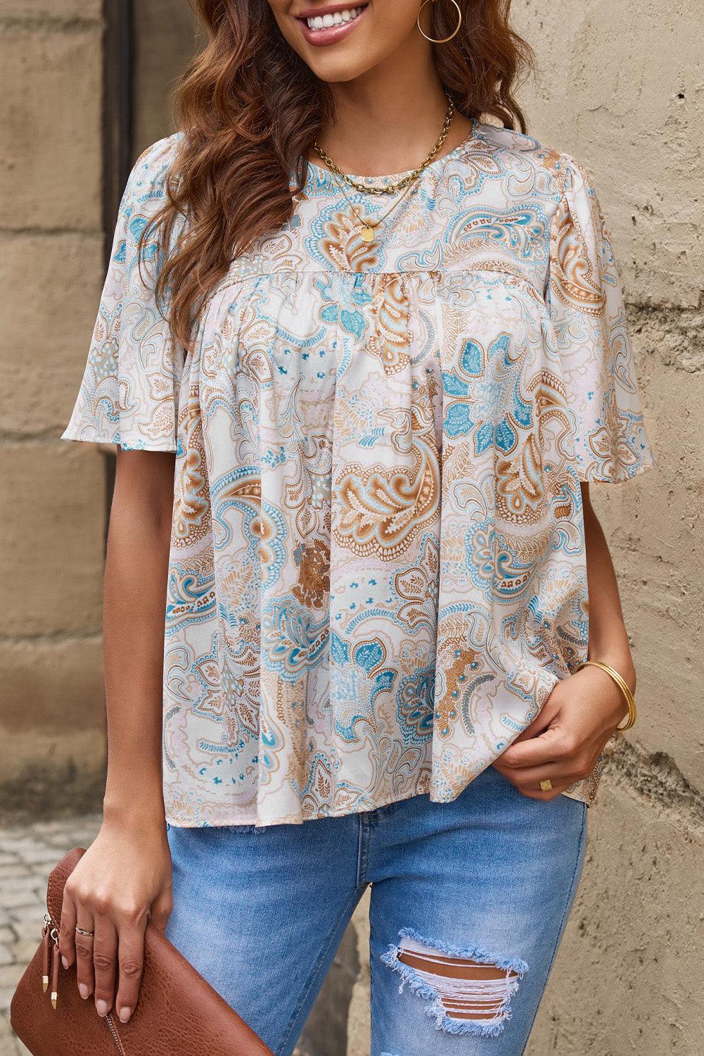 Printed Round Neck Short Sleeve Blouse - Flyclothing LLC