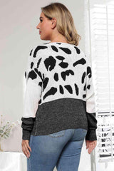 Plus Size Leopard Round Neck Long Sleeve Sweater - Trendsi