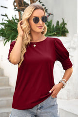 Round Neck Lantern Sleeve Blouse - Flyclothing LLC