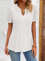 Eyelet Notched Puff Sleeve T-Shirt - Flyclothing LLC