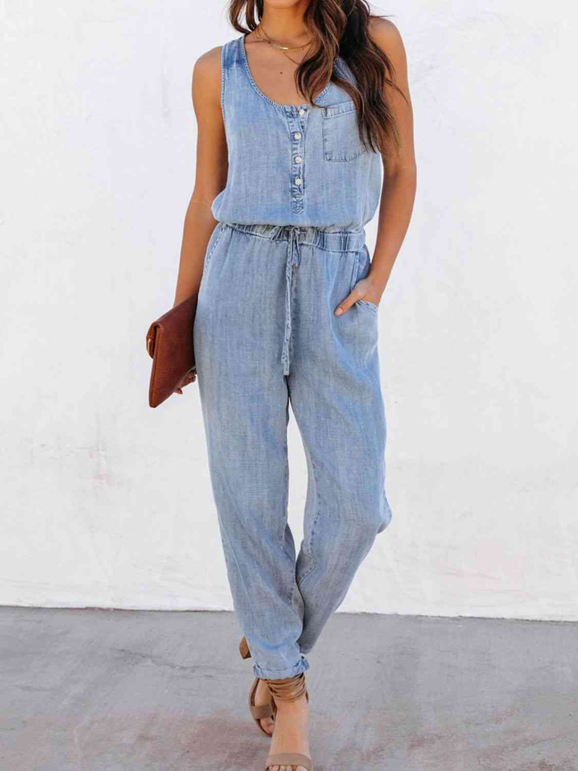 Drawstring Waist Sleeveless Jumpsuit - Flyclothing LLC