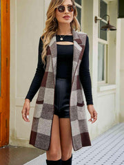 Plaid Lapel Collar Sleeveless Cardigan - Flyclothing LLC