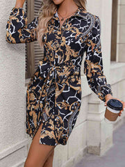 Tie Front Printed Collared Neck Shirt Dress - Flyclothing LLC