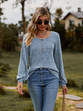 Round Neck Button-Down Long Sleeve Tee - Trendsi