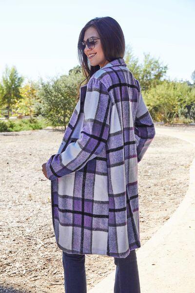 Double Take Full Size Plaid Button Up Lapel Collar Coat - Flyclothing LLC