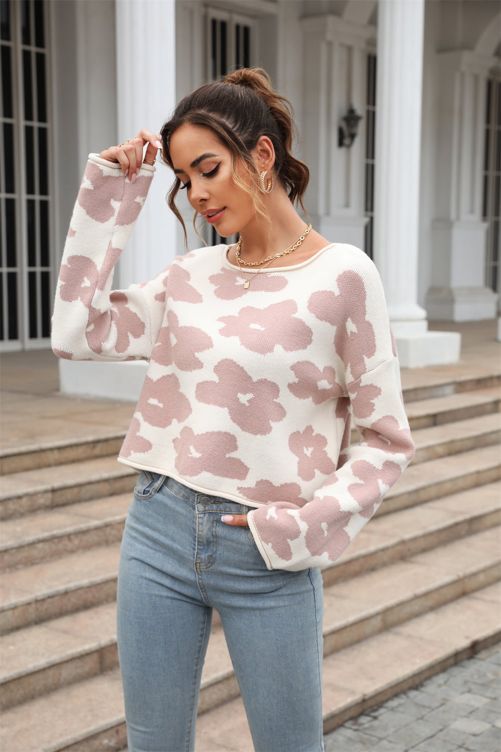 Round Neck Flower Pattern Dropped Shoulder Pullover Sweater - Trendsi