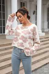 Round Neck Flower Pattern Dropped Shoulder Pullover Sweater - Flyclothing LLC