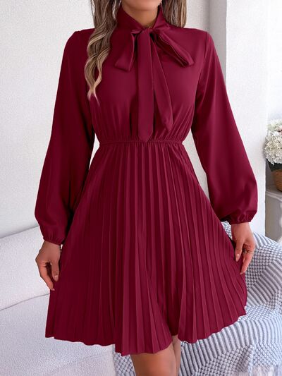 Tie Neck Balloon Sleeve Pleated Dress - Flyclothing LLC