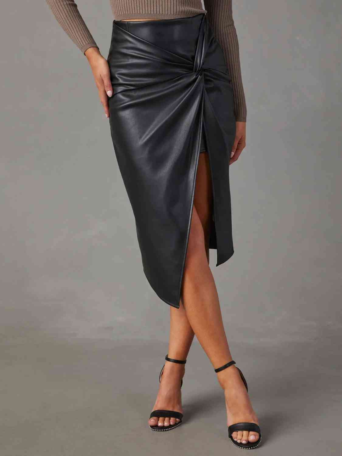 Black Faux Leather High Waist Ruched Pencil Skirt - Hot Miami Styles