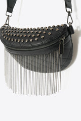 PU Leather Studded Sling Bag with Fringes - Flyclothing LLC