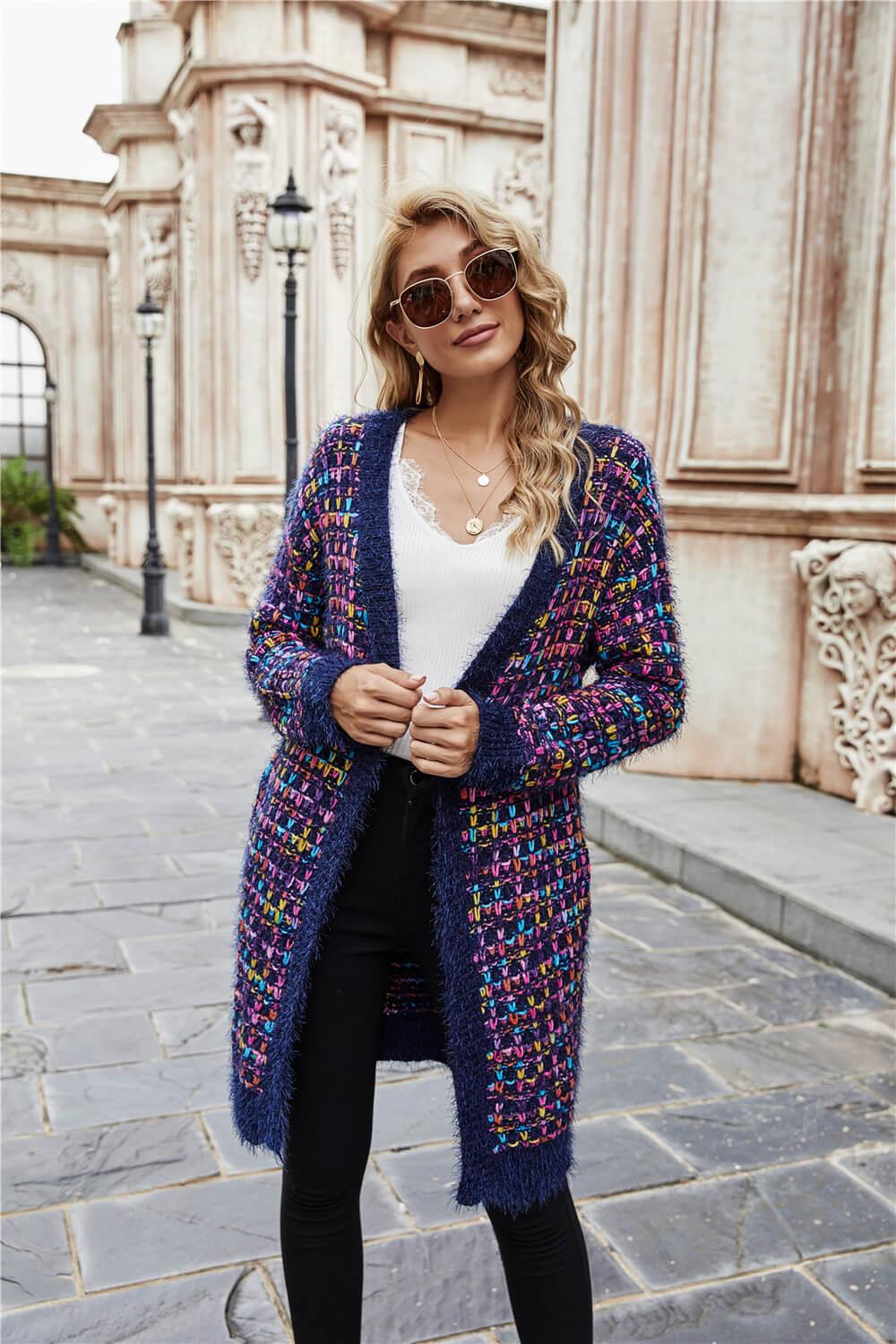 Multicolored Ribbed Trim Open Front Cardigan with Pockets - Flyclothing LLC