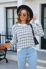 Plaid Round Neck Long Sleeve Pullover Sweater - Flyclothing LLC