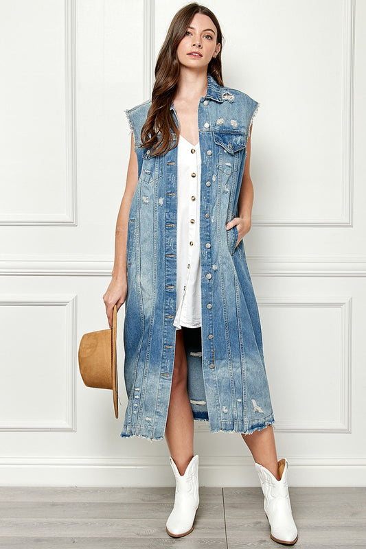 Veveret Full Size Distressed Sleeveless Longline Denim Jacket - Flyclothing LLC