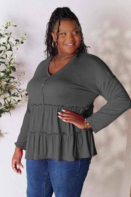 Double Take Half Button Long Sleeve Ruffle Hem Blouse - Flyclothing LLC