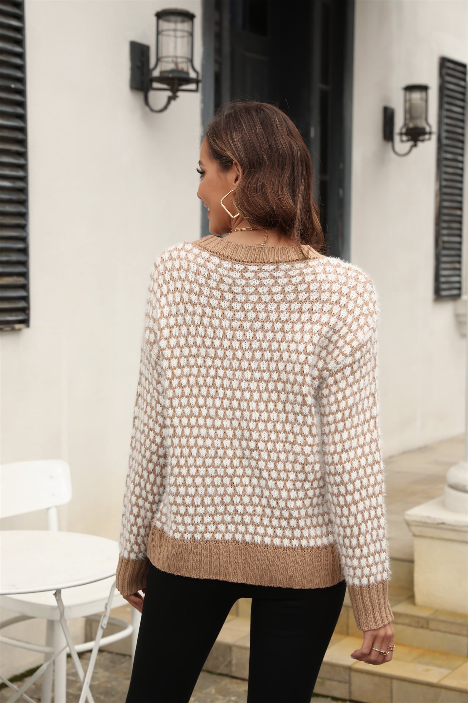 Printed Round Neck Dropped Shoulder Sweater - Flyclothing LLC