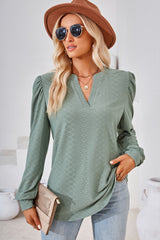 Ruched Notched Long Sleeve T-Shirt - Flyclothing LLC