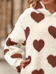 Fuzzy Heart Pocketed Dropped Shoulder Hoodie - Flyclothing LLC