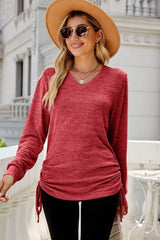 Heathered Drawstring V-Neck Top - Trendsi