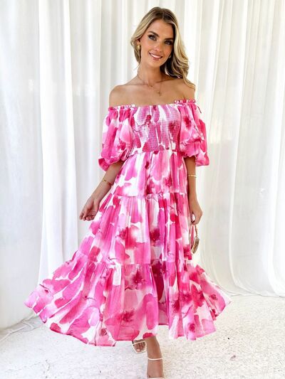 Printed Smocked Off-Shoulder Tiered Dress - Flyclothing LLC