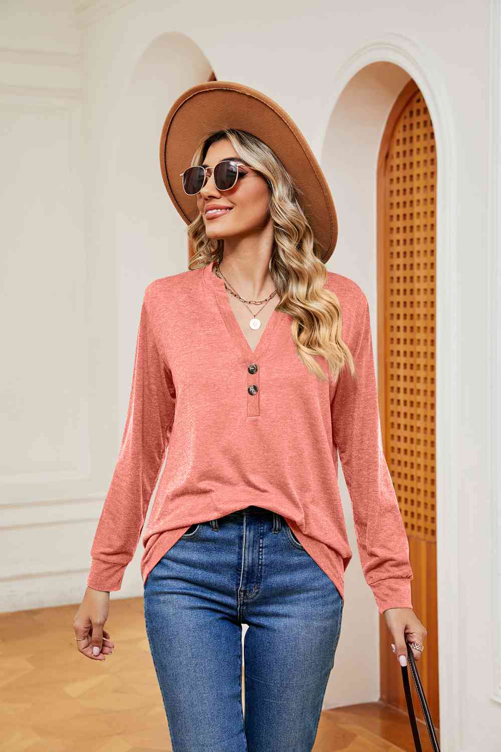 Buttoned Notched Neck Long Sleeve Top - Flyclothing LLC