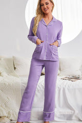 Contrast Lapel Collar Shirt and Pants Pajama Set with Pockets - Flyclothing LLC