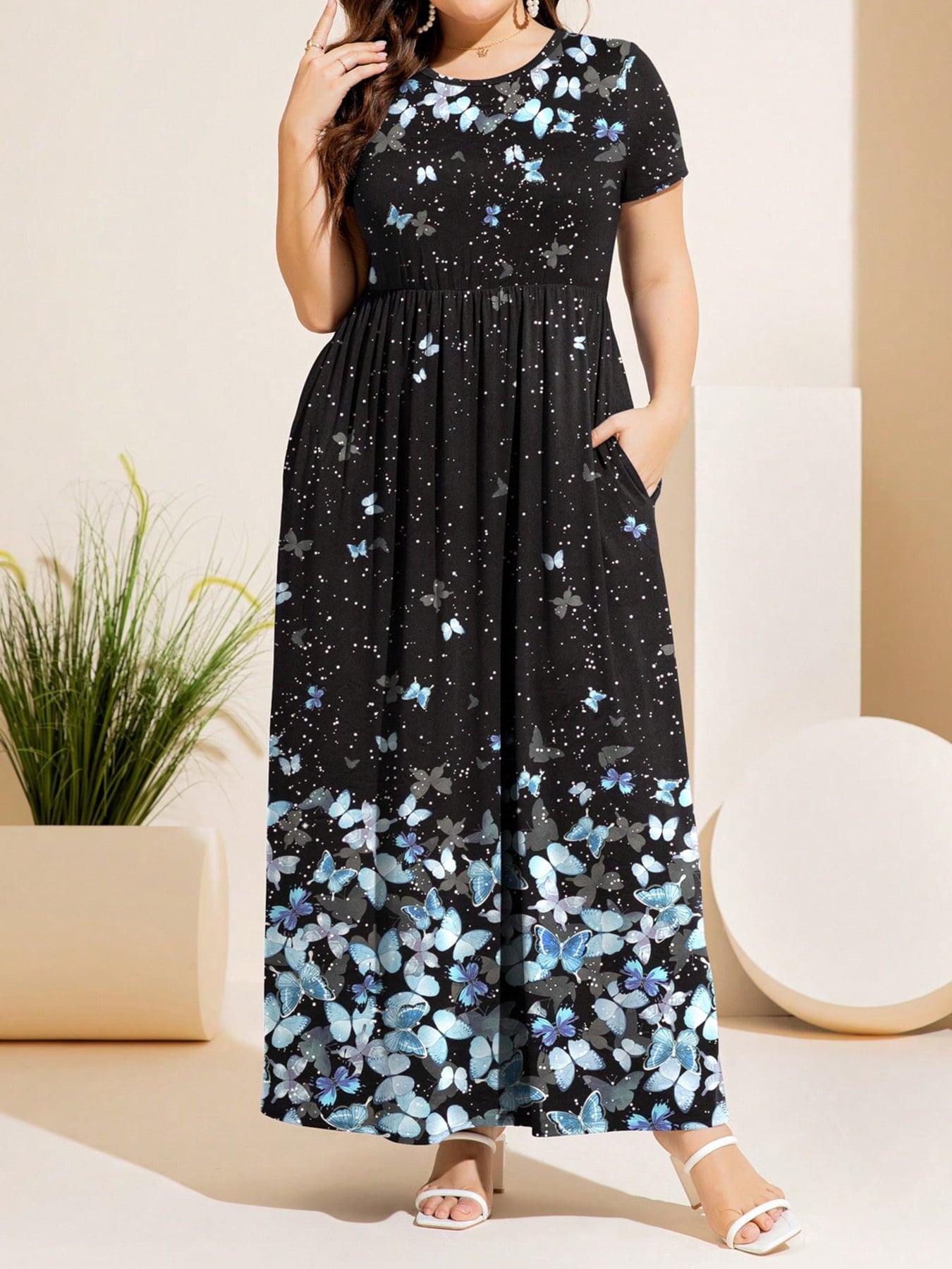 Plus Size Printed Round Neck Short Sleeve Maxi Dress - Flyclothing LLC