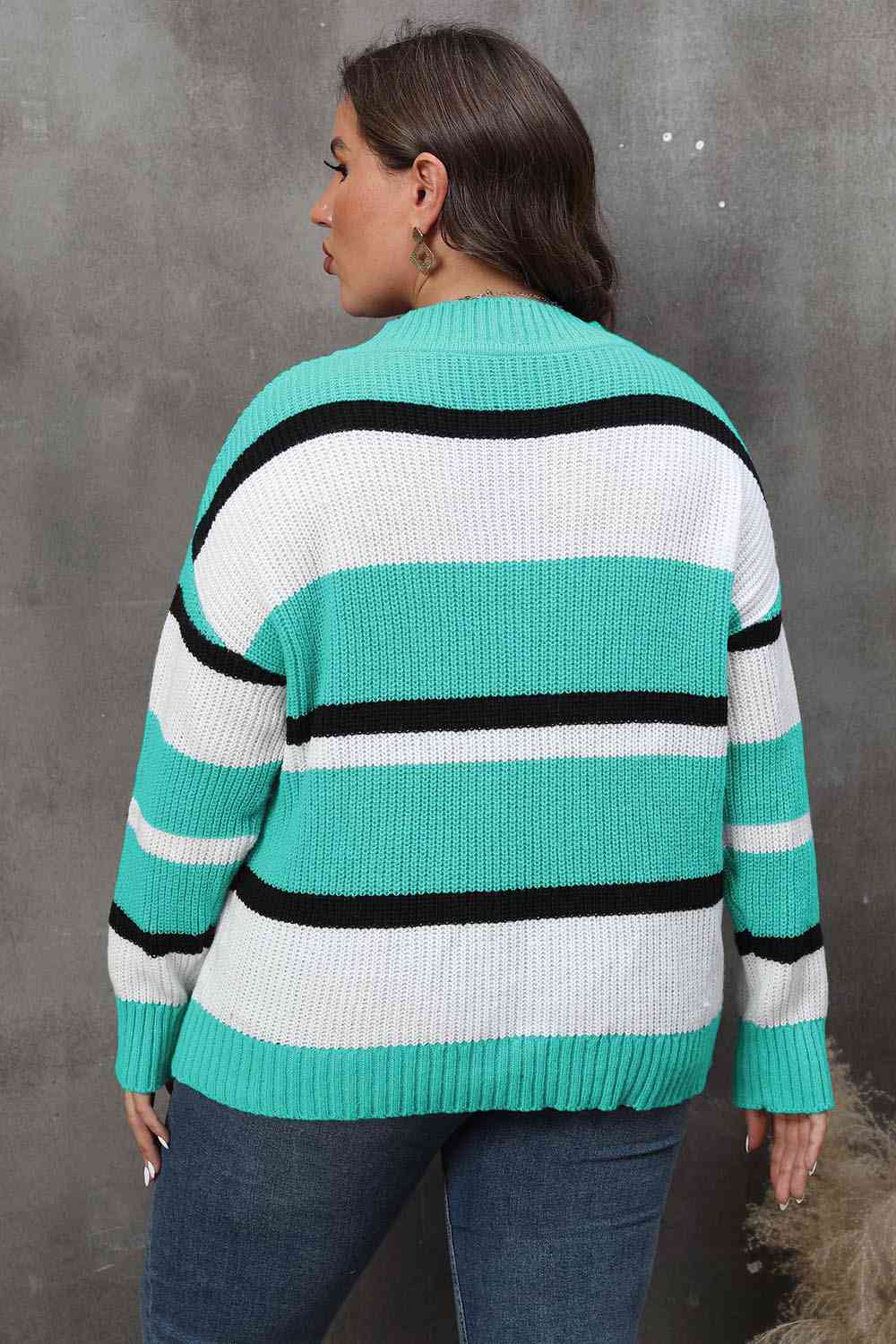 Plus Size Striped V-Neck Dropped Shoulder Sweater - Flyclothing LLC