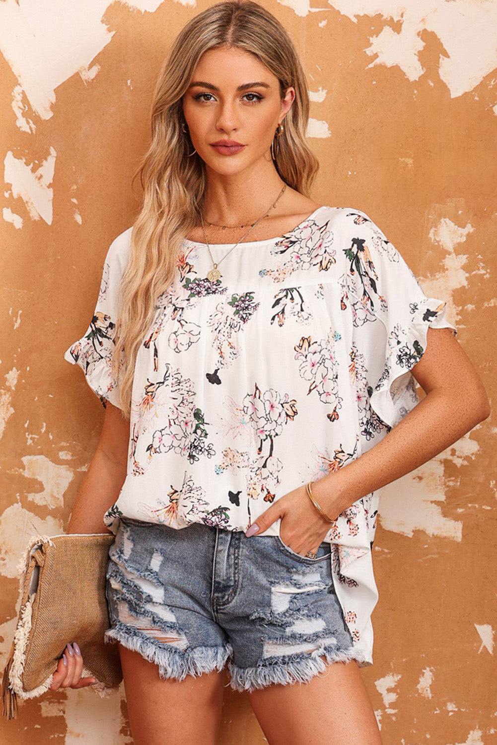 Floral Boat Neck Flounce Sleeve Blouse - Flyclothing LLC