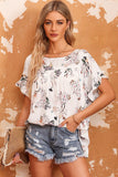 Floral Boat Neck Flounce Sleeve Blouse - Flyclothing LLC