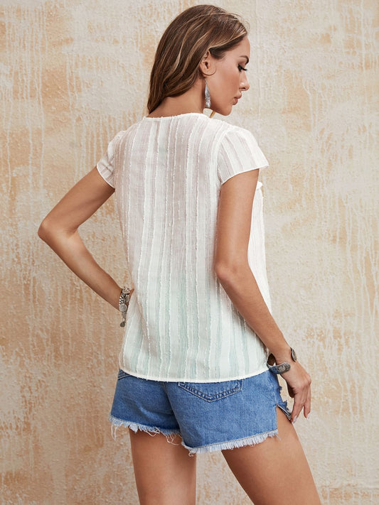 Tie Neck Ruffled Short Sleeve Blouse - Flyclothing LLC