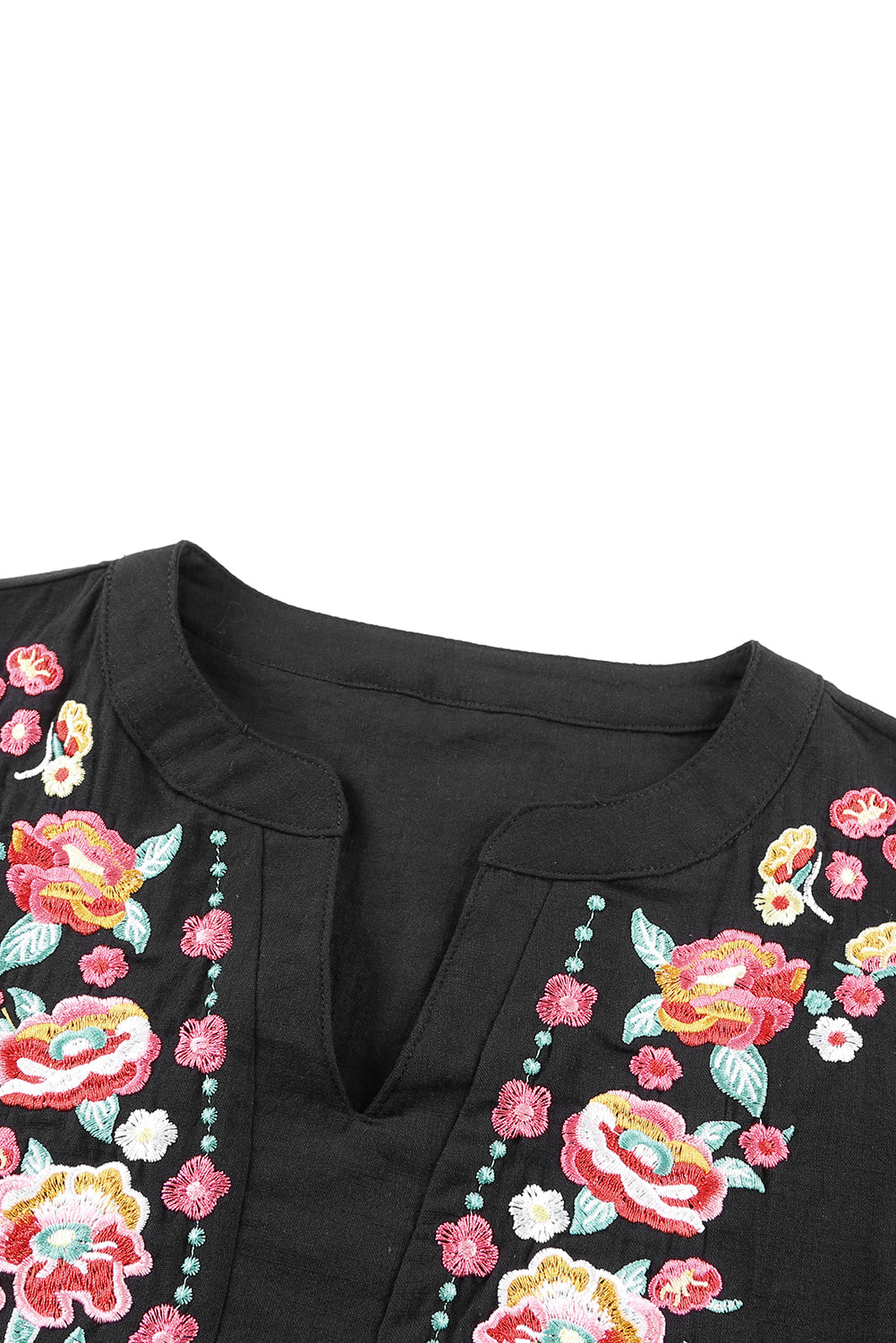 Embroidered Notched Neck Flounce Sleeve Top - Flyclothing LLC