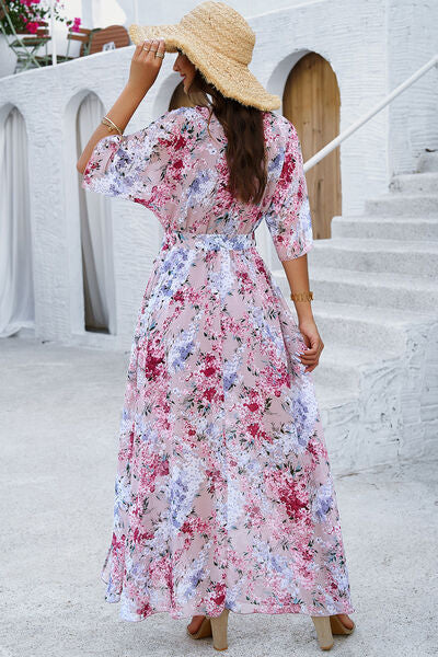 Printed Tied Half Sleeve Slit Dress - Flyclothing LLC