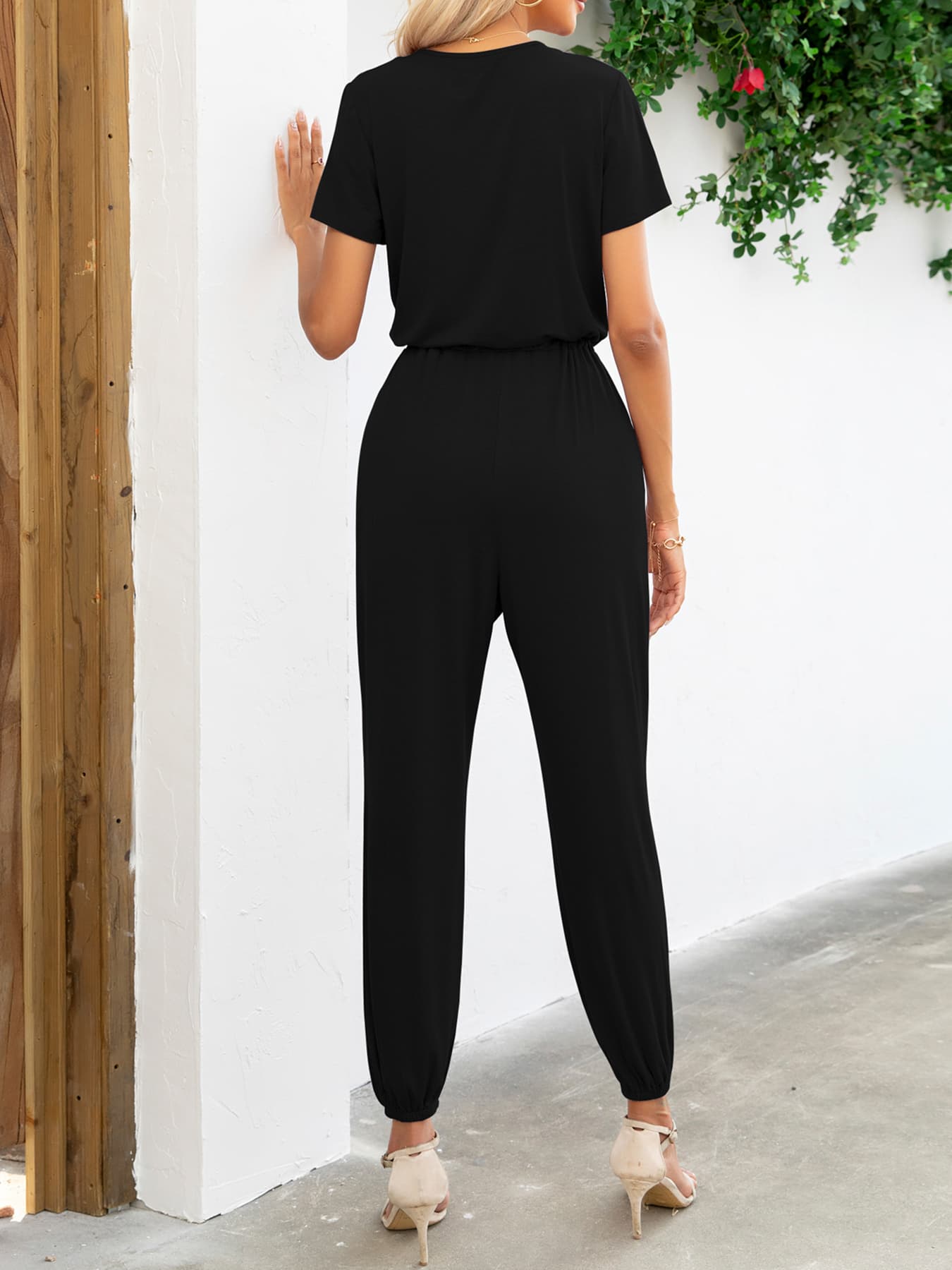 Short Sleeve V-Neck Jumpsuit with Pockets - Flyclothing LLC