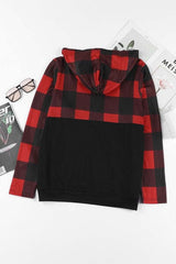 Drawstring Plaid Half Zip Hoodie - Trendsi