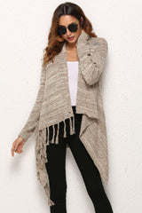 One-Button Tassel Tie Asymmetrical Hem Cardigan - Flyclothing LLC